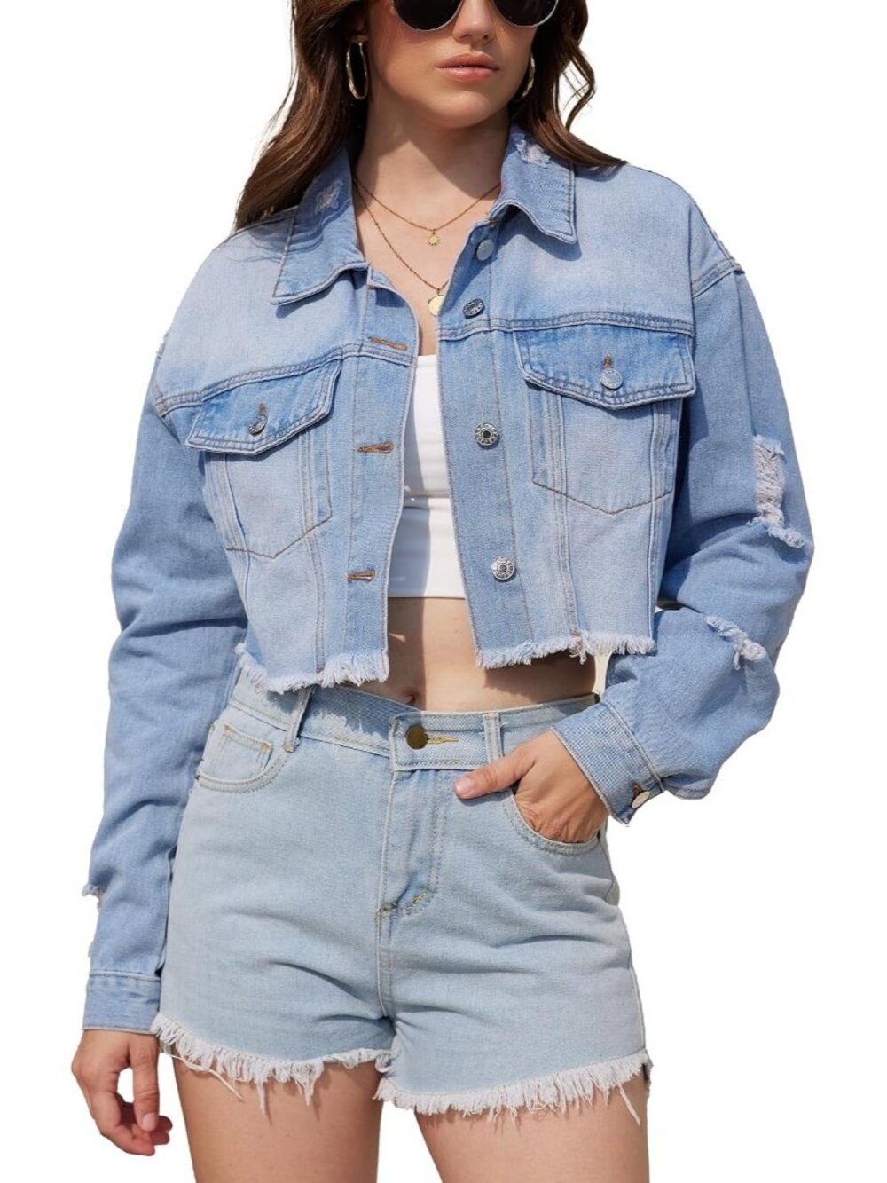 Women's Blue Cropped Jean Jacket Dressy Fashion Outfit Frayed Hem Denim Jacket